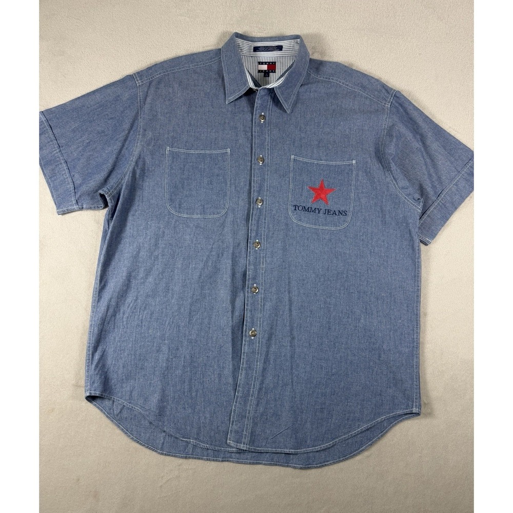 Vintage Tommy Jeans Denim Button Up Shirt Men's Large Short Sleeve Embroidered L - Picture 2 of 16
